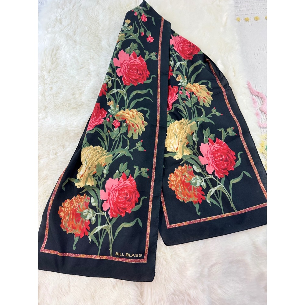 Bill Blass Vintage Floral Scarf‎ Black Pink Yellow Carnation Oblong Silk